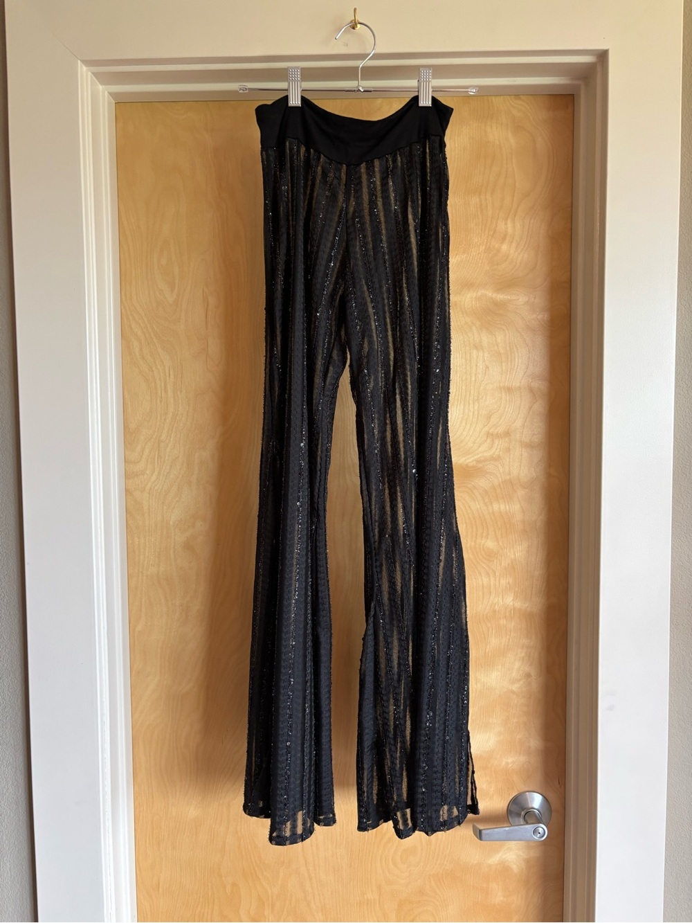 Designs by M Handmade Sheer Mesh Sequin Flare Pants - Black, Sz S/M